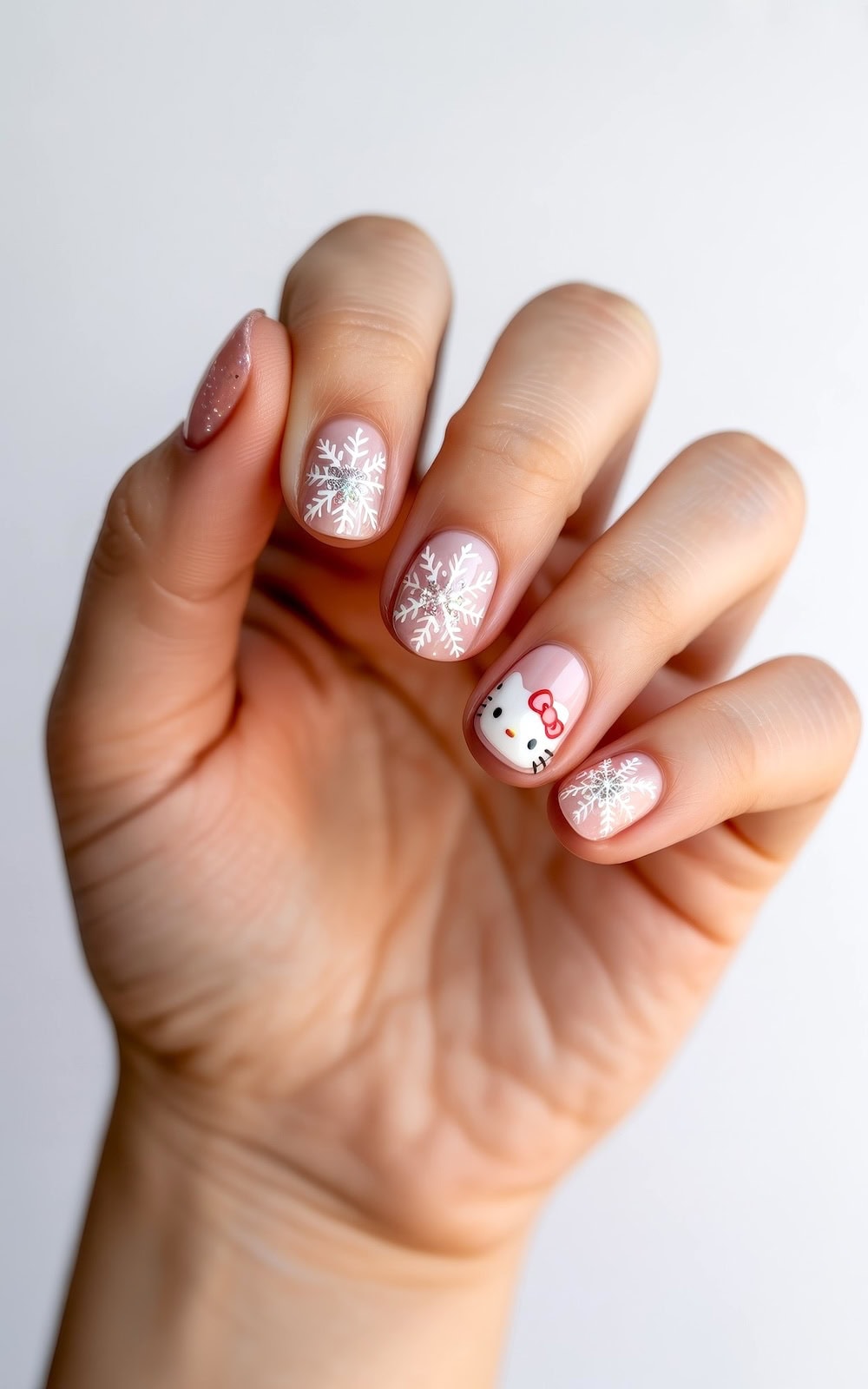 A hand with manicured nails featuring white snowflake designs on three nails and a Hello Kitty face with a red bow on one nail, perfect for festive Hello Kitty Christmas nails, against a light background.
