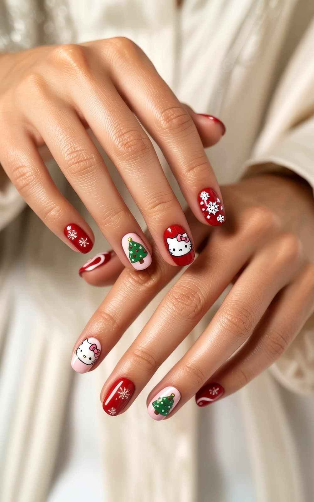 A close-up of hands with festive Hello Kitty Christmas nails featuring red and white polish, snowflakes, Christmas trees, and adorable Hello Kitty designs on each fingernail. The person is wearing a cream-colored top.