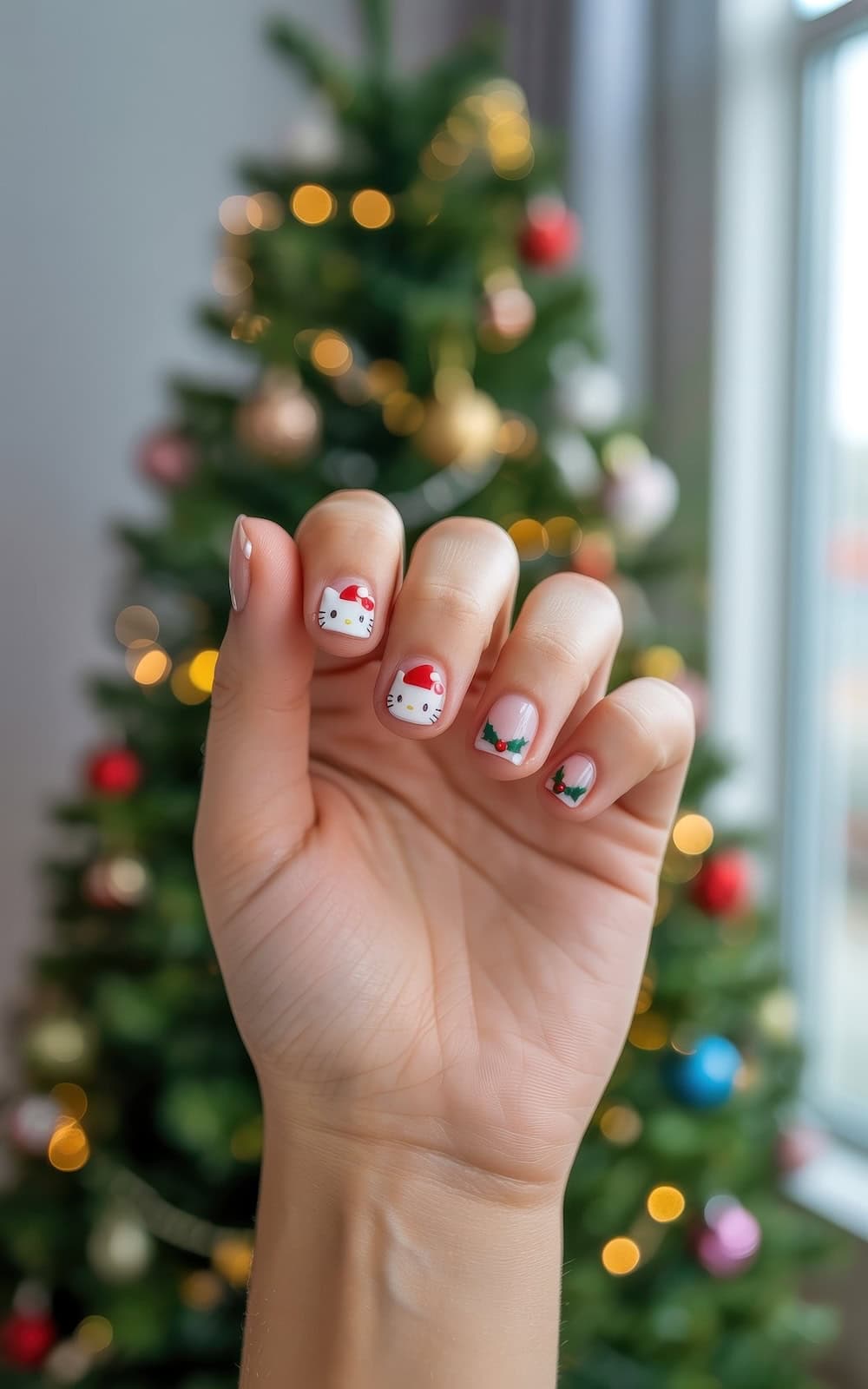 A girl's hand with festive nail art, featuring Hello Kitty Christmas nails alongside Santa hats and holly designs, is held up in front of a decorated Christmas tree with blurred lights and ornaments in the background.