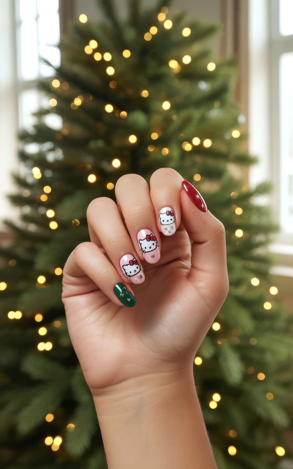 A hand with festive holiday-themed nail art, featuring Hello Kitty Christmas nails in red, white, and green, is held up in front of a decorated Christmas tree glowing with warm lights in the background.