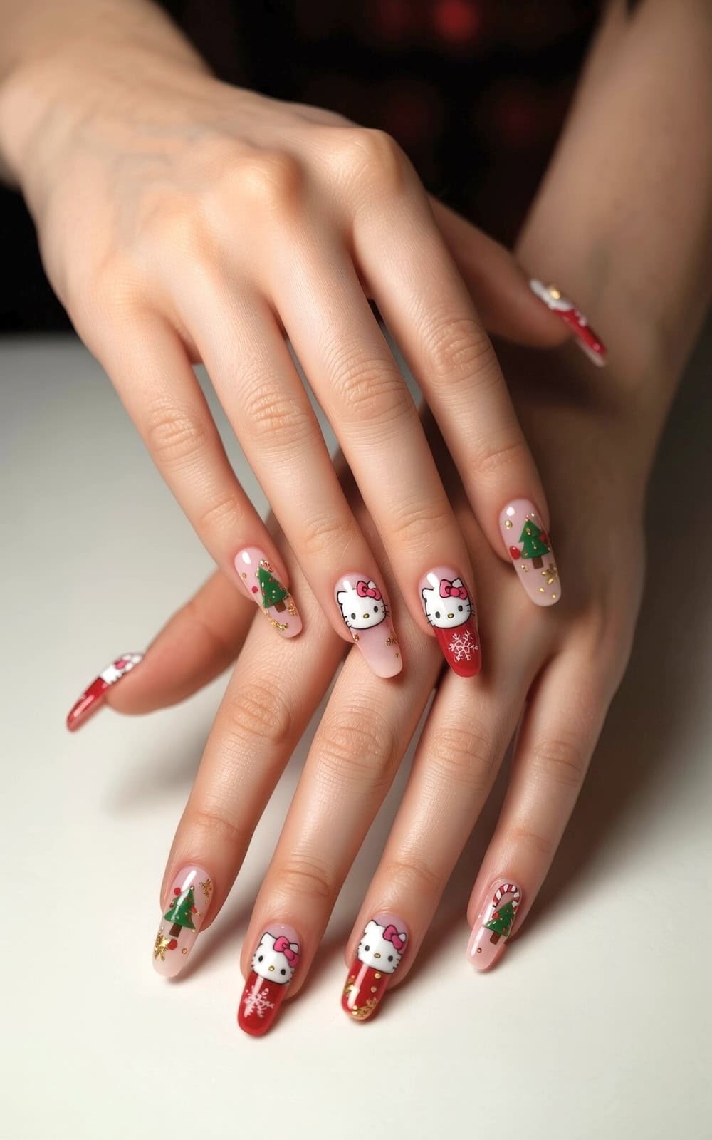 Hands with long, manicured nails feature festive Hello Kitty Christmas nails, adorned with Hello Kitty faces, Christmas trees, snowflakes, and gold accents on vibrant red and pink backgrounds.