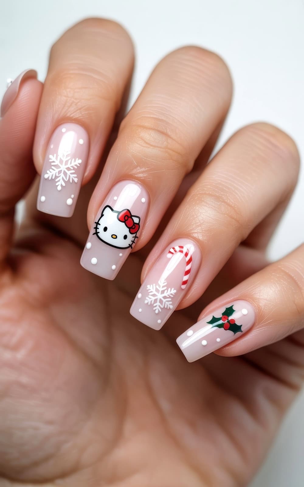 A hand with long, square-shaped nails showcases festive Hello Kitty Christmas nails, featuring snowflakes, a candy cane, holly, and Hello Kitty designs on a light pink base.