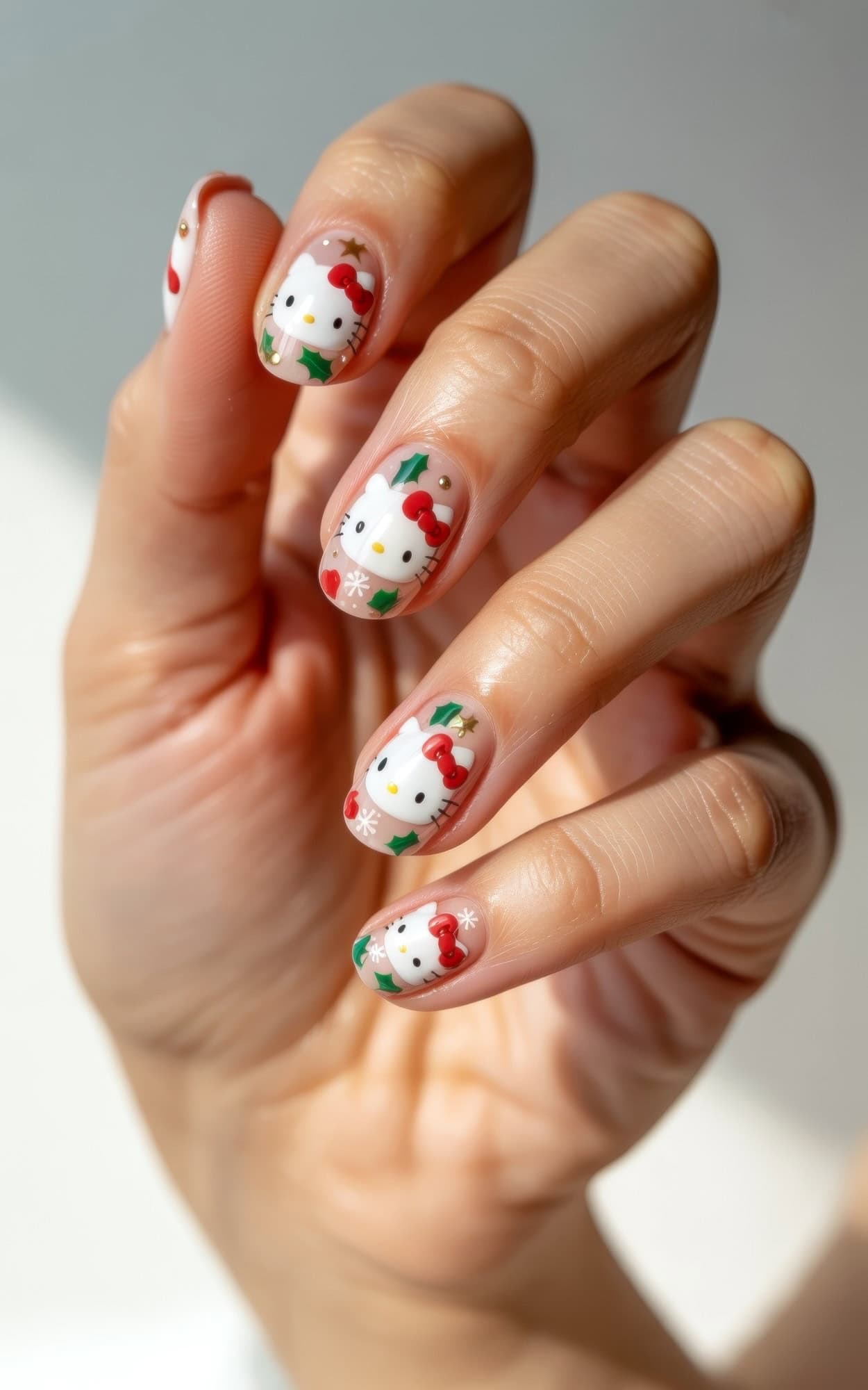 A hand with manicured nails featuring festive Hello Kitty Christmas nails, adorned with red bows, holly, and Christmas-themed decorations on a light background.