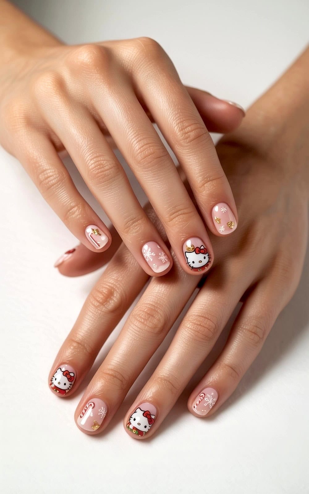A pair of hands showing manicured nails with a light pink base, featuring adorable Hello Kitty Christmas nails with candy canes, snowflakes, and small gold stars as festive nail art designs.