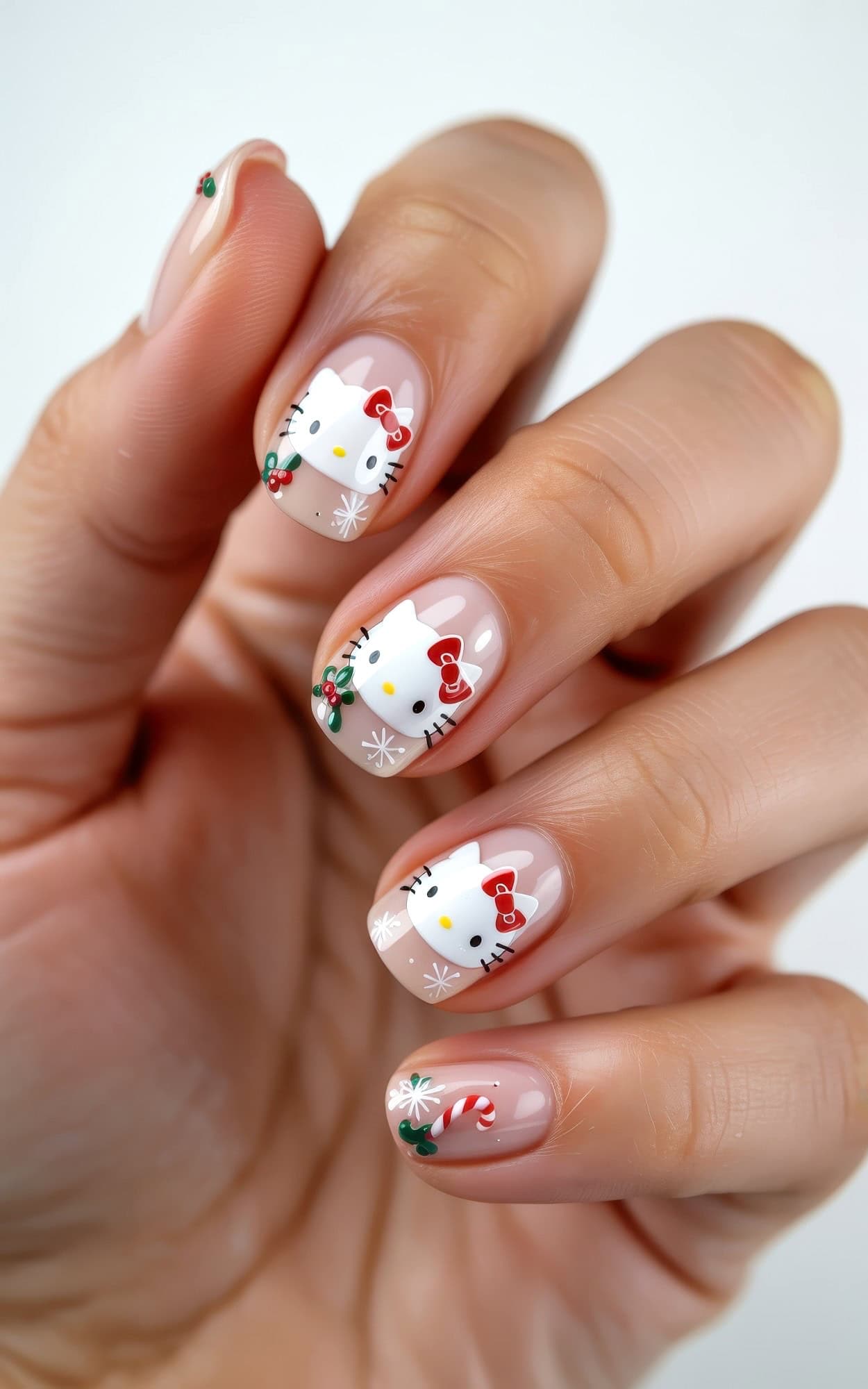A hand with manicured nails featuring Hello Kitty faces, red bows, holly leaves, candy canes, and snowflakes on a nude base creates festive Hello Kitty Christmas nails perfect for the holiday season.
