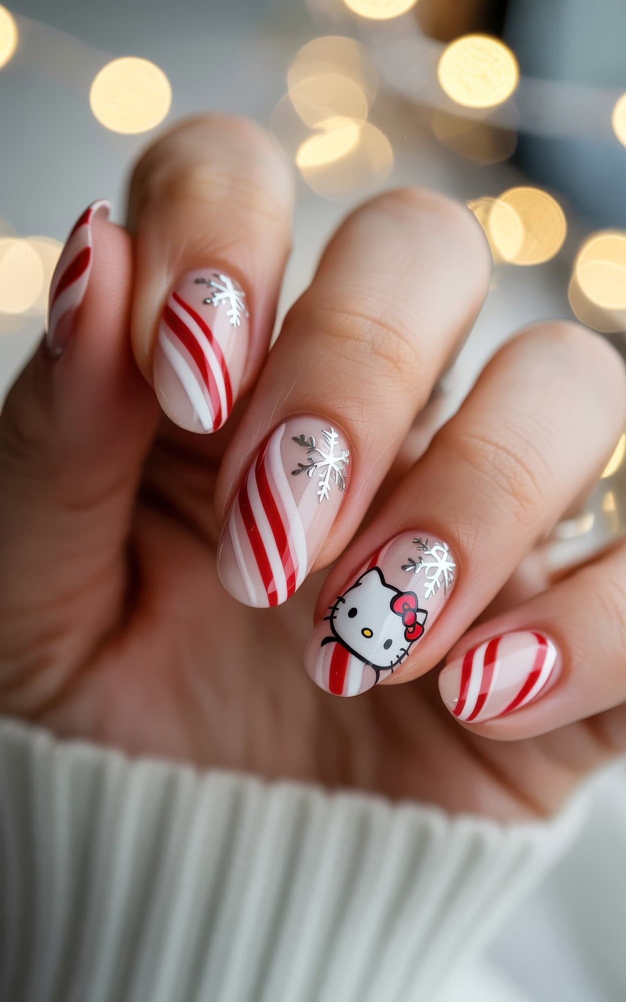 A hand with Hello Kitty Christmas nails featuring red and white candy cane stripes, silver snowflakes, and a cute cartoon Hello Kitty face, all set against a blurred background with warm holiday lights.