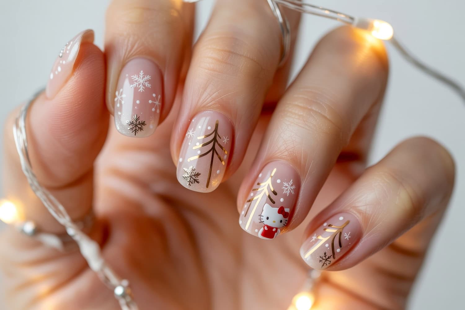 A hand with nude-colored Hello Kitty Christmas nails featuring white snowflakes, gold Christmas trees, and a small red Hello Kitty figure, surrounded by glowing string lights.