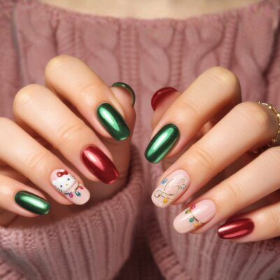 Close-up of two hands with a festive red and green chrome manicure, featuring Hello Kitty Christmas nails -themed nail art, including tiny bows, ornaments, and a small white Hello Kitty character. The person is wearing a chunky pink sweater.