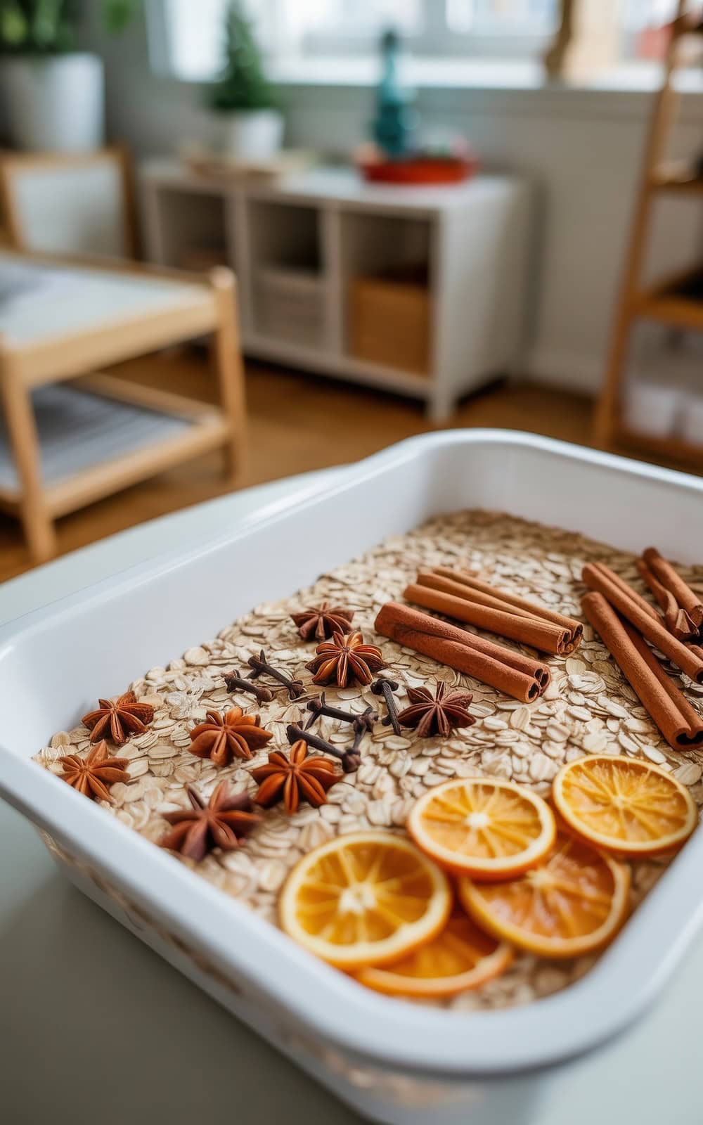 A white dish filled with oats, dried orange slices, cinnamon sticks, star anise, and cloves sits on a table in a cozy, sunlit room—perfect inspiration for winter sensory bins amidst modern furniture.