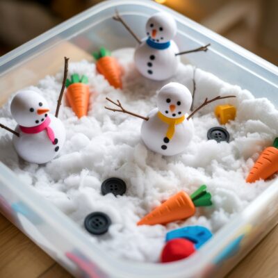 A plastic container filled with fake snow creates a fun winter sensory bin, featuring small snowmen made from white balls, colorful scarf decorations, stick arms, toy carrots, and black buttons scattered around.
