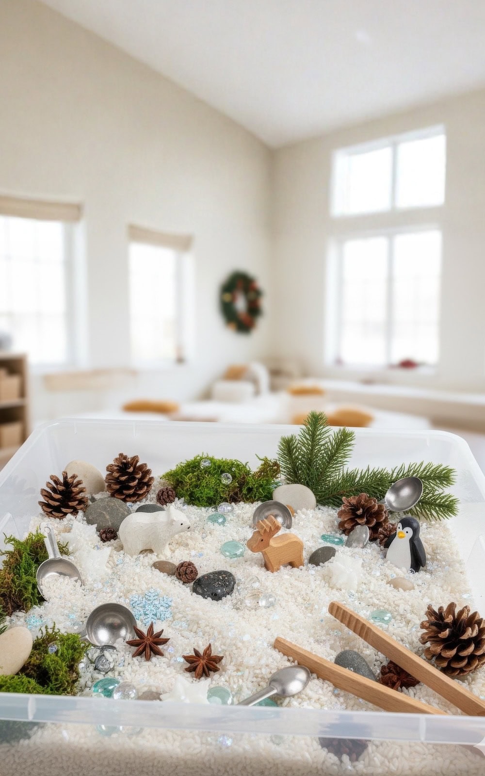 A winter sensory bin filled with white rice, rocks, pinecones, moss, green fir branches, small animal figurines, star anise, spoons, and tongs sits in a bright room with large windows and blurred furniture in the background.