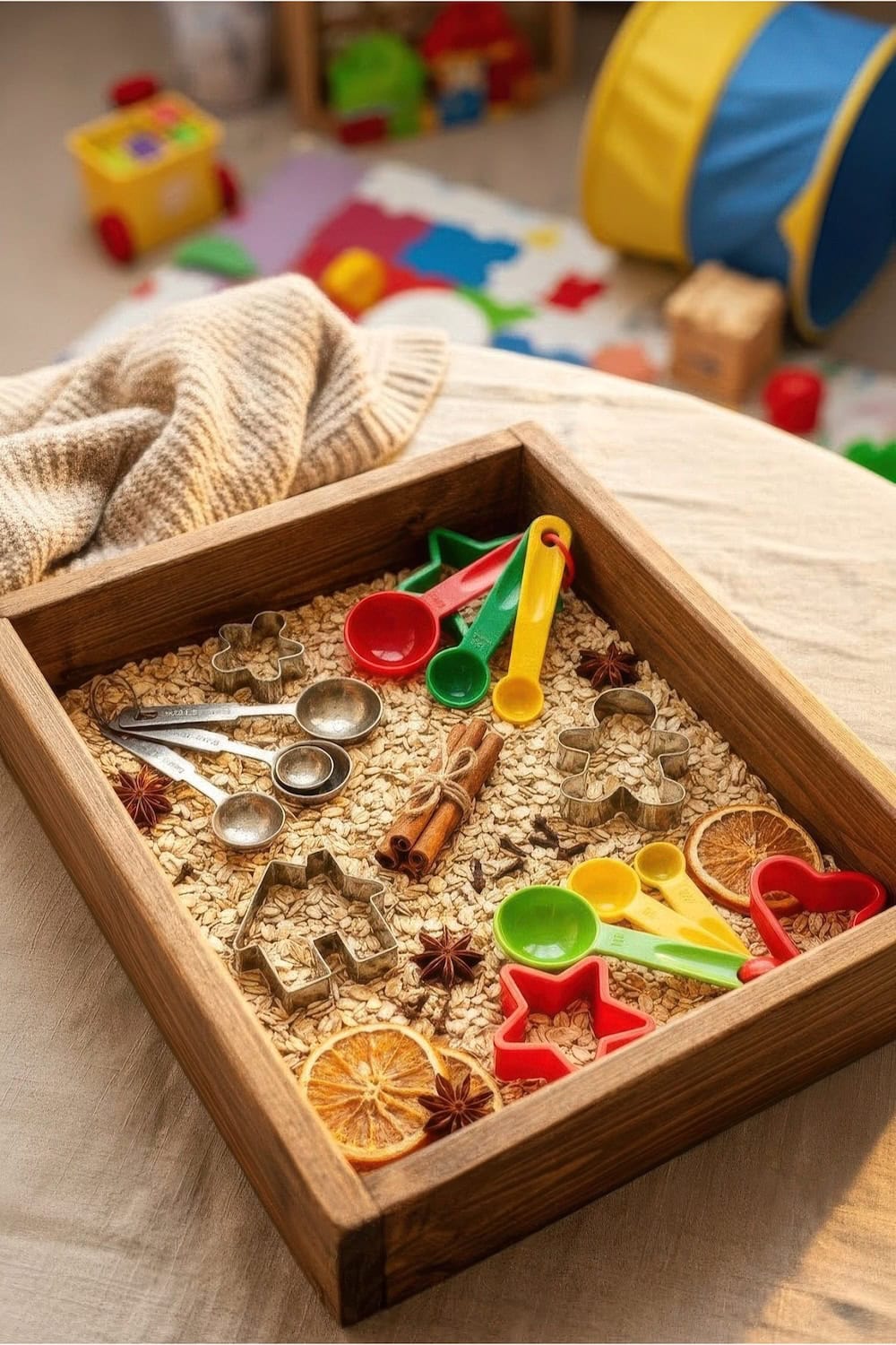 A wooden tray filled with oats, metal measuring spoons, colorful plastic scoops, cookie cutters, dried orange slices, cinnamon sticks, and star anise creates a cozy winter sensory bins setup, with toys and a blanket in the background.