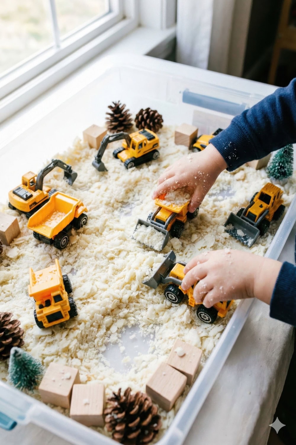 A child explores winter sensory bins, playing with yellow toy construction vehicles in a clear bin filled with sensory material, wooden blocks, small pinecones, and miniature trees near a window.