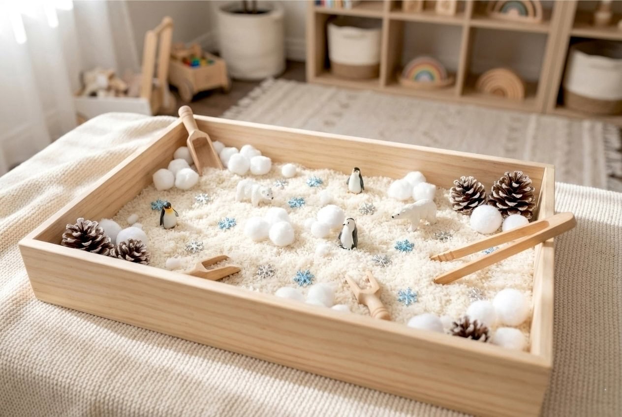 A wooden winter sensory bin filled with white rice, cotton balls, pinecones, toy penguins, blue snowflake shapes, and wooden scoopers sits on a table in a cozy, well-lit playroom.