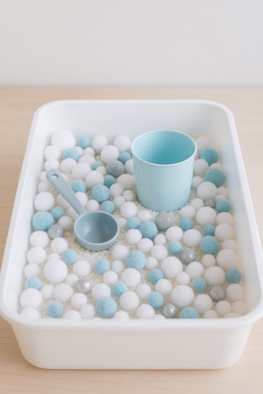 A white bin filled with white, blue, and silver pom-poms creates a perfect winter sensory bin. Inside the bin are a blue plastic cup and matching scoop, resting on fluffy pom-poms against a light, minimalistic background.