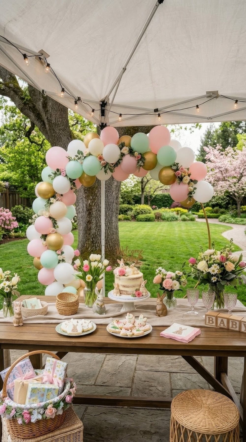 A wooden table under a canopy is set for a bunny baby shower with pastel balloons, flowers, a cake, gifts, and baby blocks. The garden background features lush greenery and blooming trees.