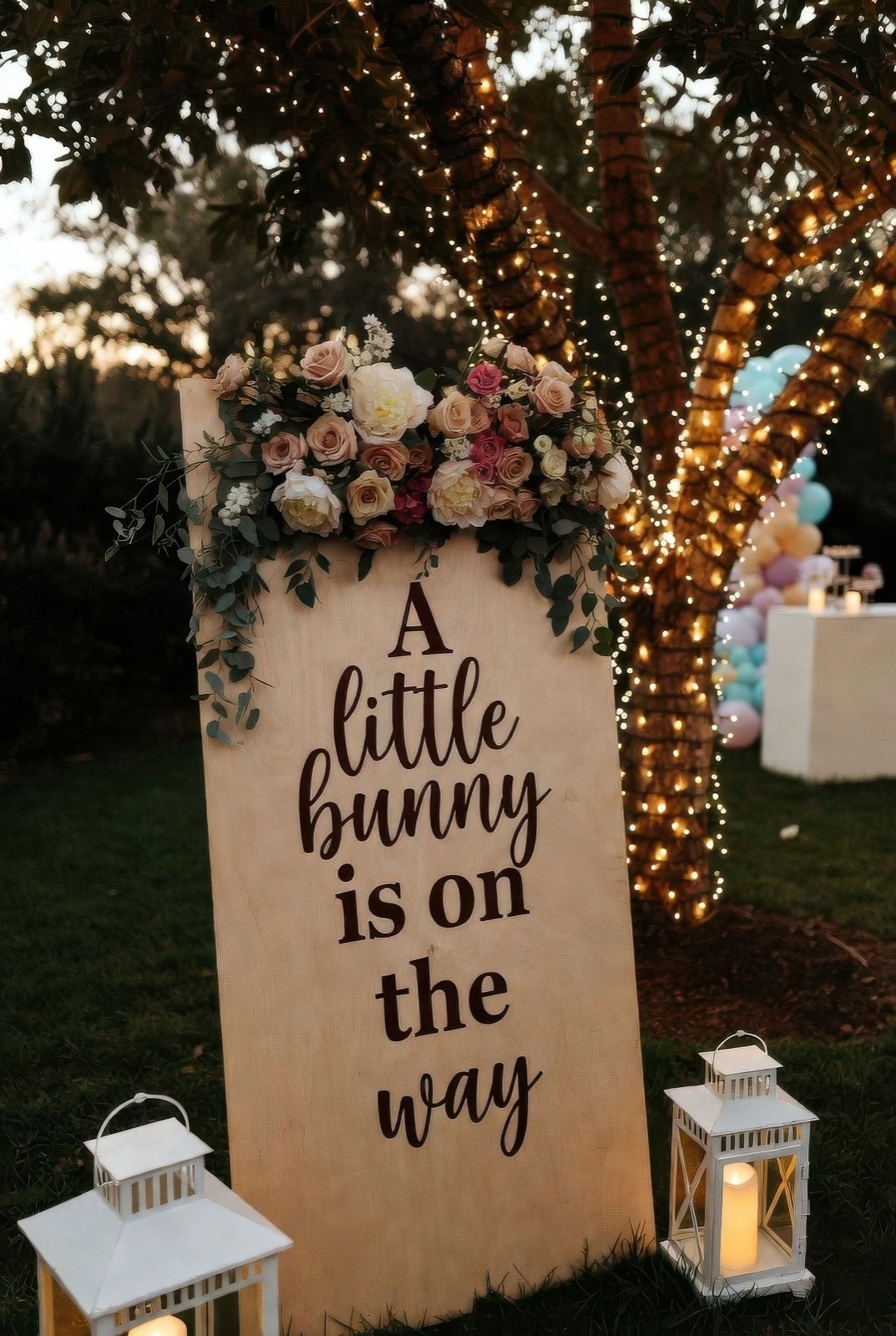 A wooden sign decorated with roses and greenery reads "A little bunny is on the way," setting a charming scene for a Bunny baby shower. It stands on grass, with two white lanterns nearby and a tree wrapped in string lights behind.