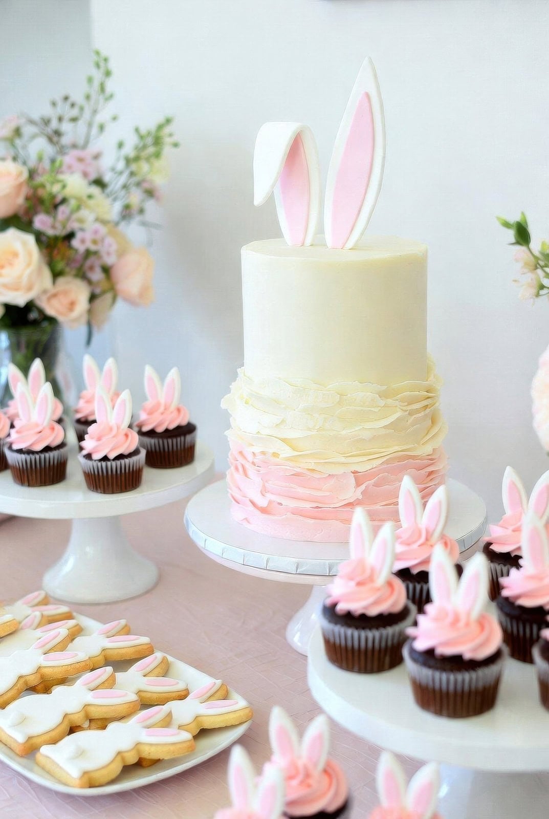 A pastel-themed dessert table for a bunny baby shower features a white cake with pink accents and bunny ears, surrounded by cupcakes topped with bunny ear decorations and bunny-shaped cookies. Pink flowers are arranged in the background.