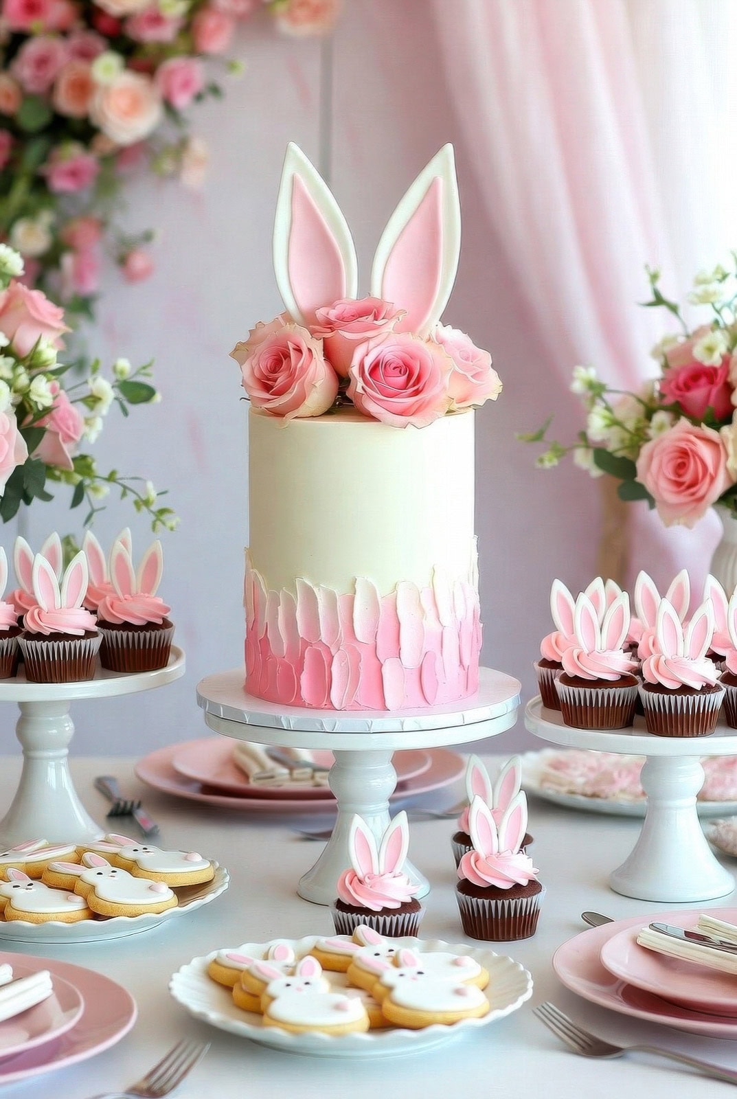 A pastel pink and white bunny baby shower party table features a cake with bunny ears and roses on top, surrounded by bunny cupcakes and cookies. Floral arrangements and pink plates complete the festive, spring-themed setup.