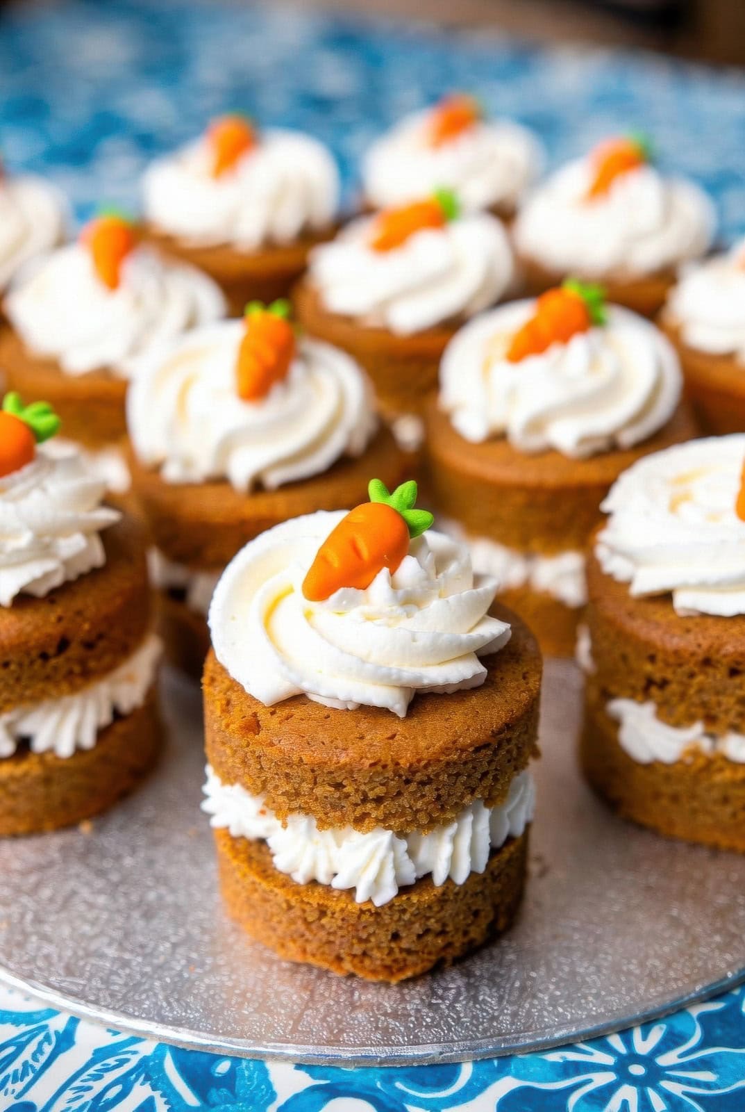 Mini carrot cakes with two layers, filled and topped with white icing, and decorated with small orange carrot-shaped fondant—perfect for a bunny baby shower—arranged on a silver platter with a blue patterned background.