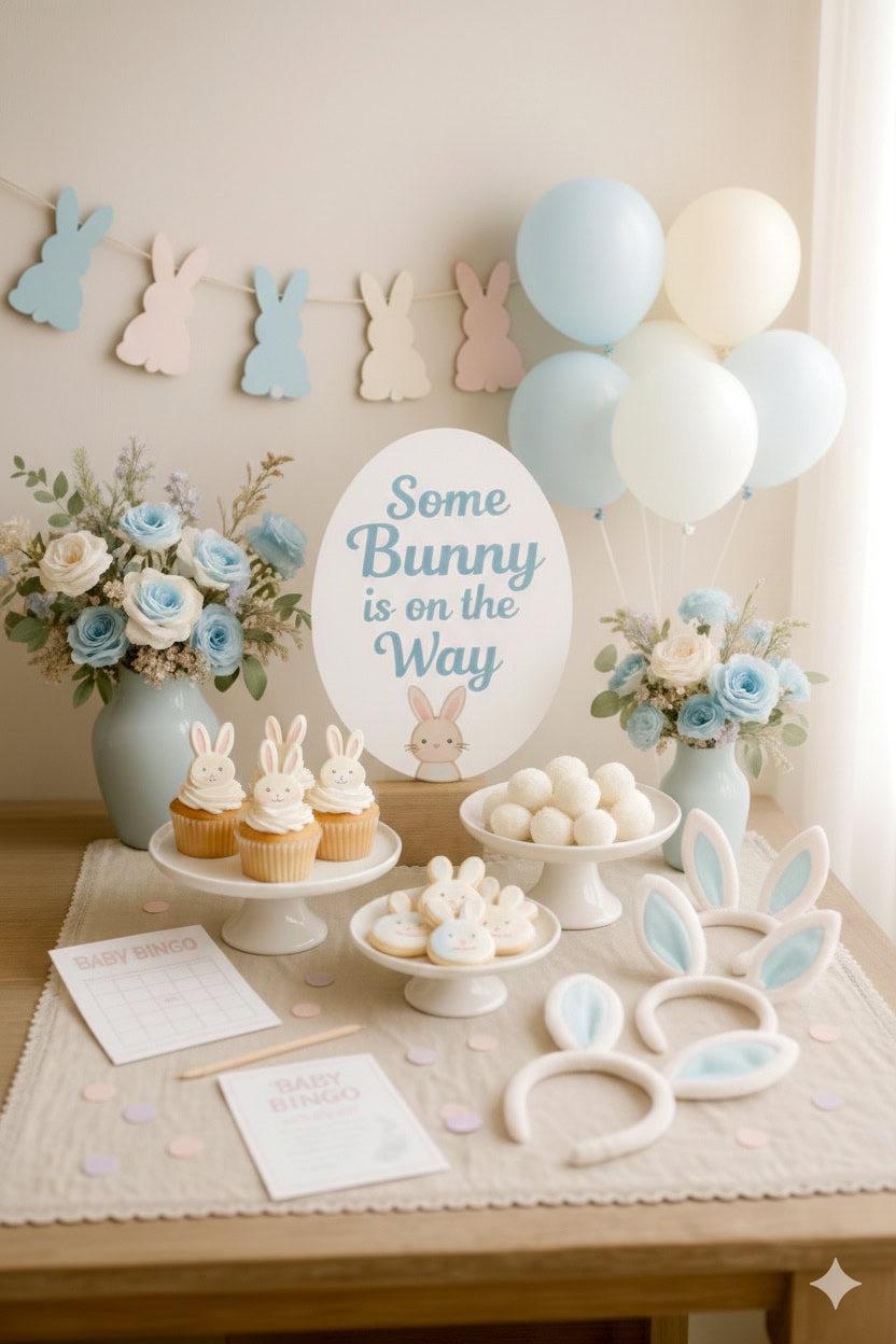 A Bunny baby shower table decorated with bunny-themed items, blue and cream balloons, floral arrangements, cupcakes with bunny toppers, bunny ear headbands, and a sign reading “Some Bunny is on the Way.”.