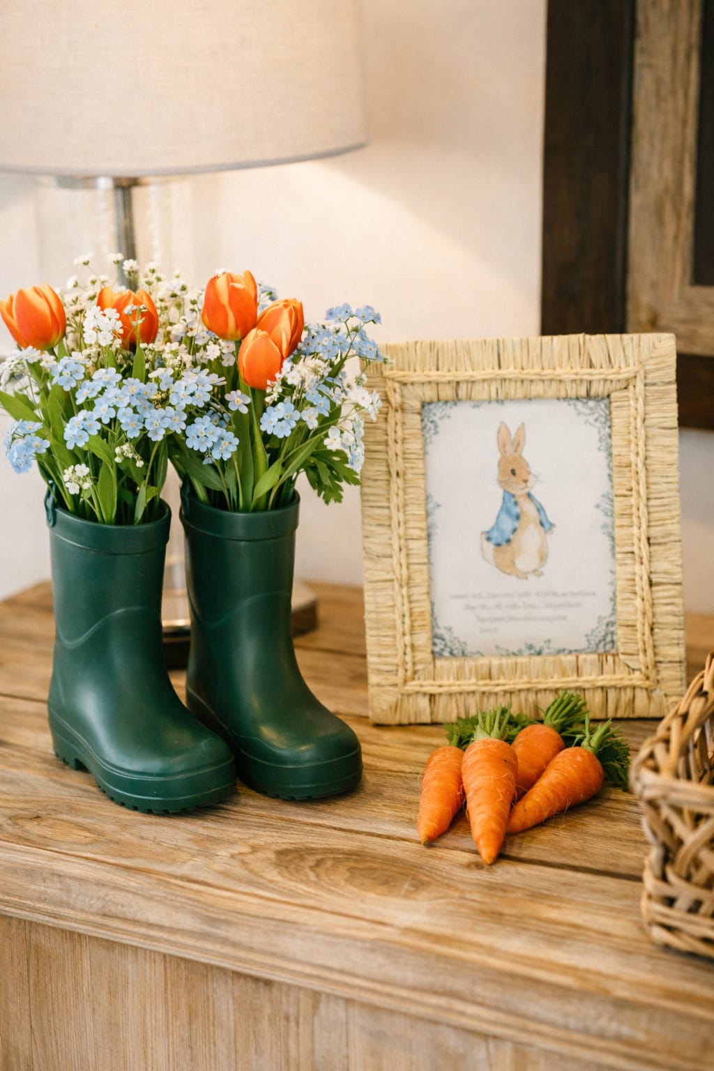 A pair of green rain boots filled with orange tulips and small blue flowers sits on a wooden surface beside fresh carrots, a wicker basket, and a framed illustration of a rabbit in a blue coat—perfect decor for a bunny baby shower.