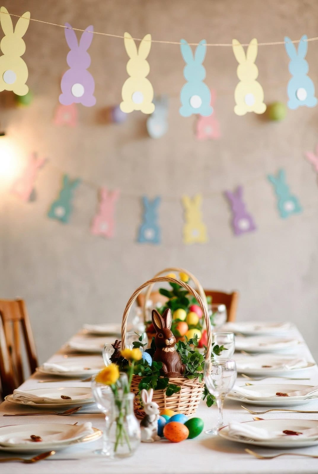 A festive Easter table is set with plates and glasses, a basket centerpiece with a chocolate bunny and colorful eggs, perfect for a Bunny baby shower, with pastel paper bunny decorations hanging on the wall in the background.