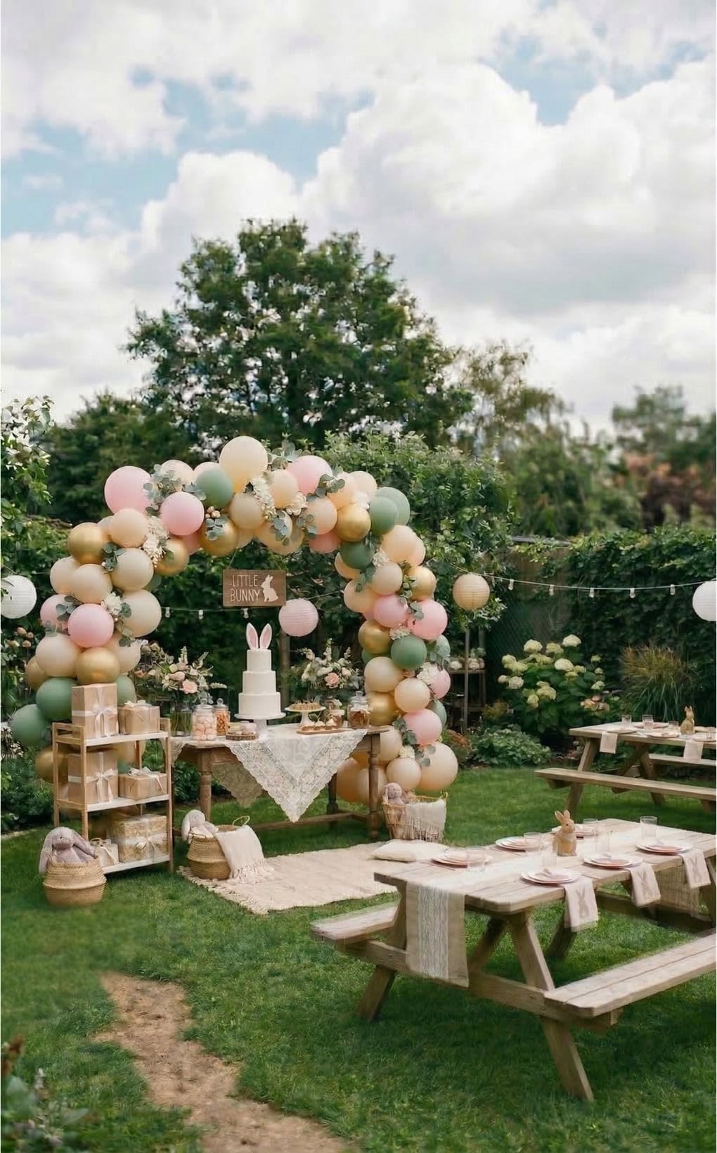 Outdoor Bunny baby shower setup with a pastel balloon arch around the cake table, surrounded by treats on shelves. Wooden picnic tables with pink napkins sit on the grass amid greenery and flowers under a partly cloudy sky.