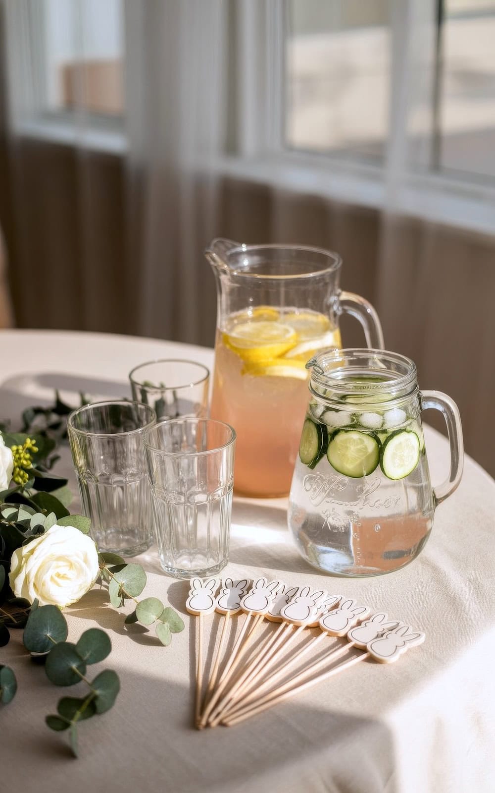 A table set for a bunny baby shower features two glass pitchers—one with lemon water, the other with cucumber water—three empty glasses, decorative bunny drink stirrers, a white rose, and greenery, all bathed in sunlight from a nearby window.