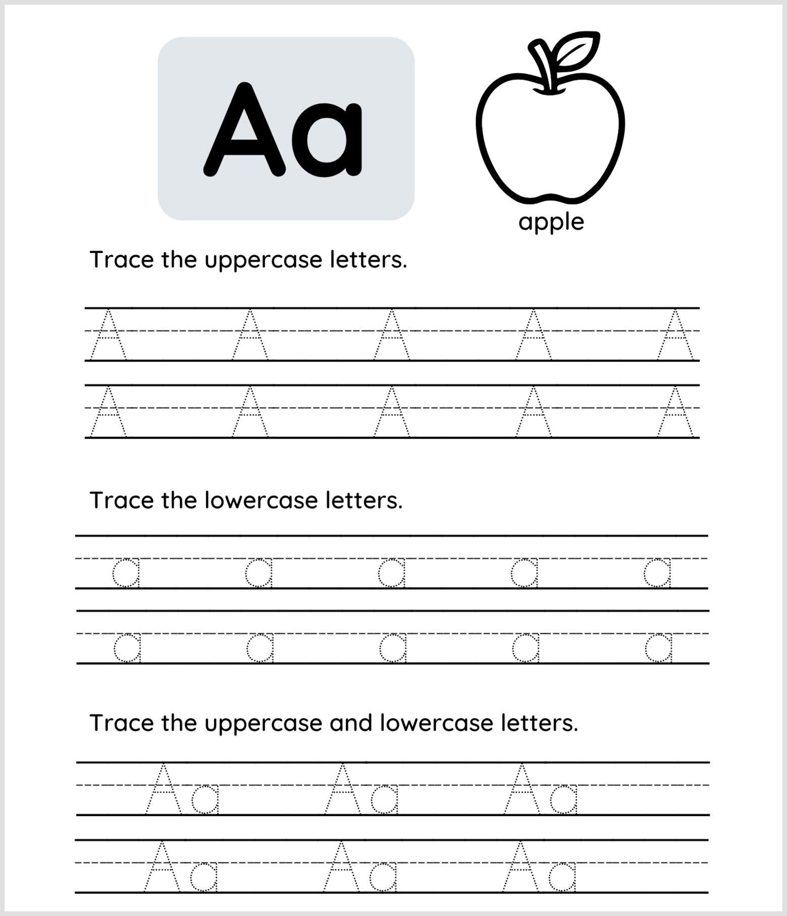 A PDF Letter A tracing worksheet featuring a large "Aa," an outline drawing of an apple, and practice lines for tracing both uppercase and lowercase letters.