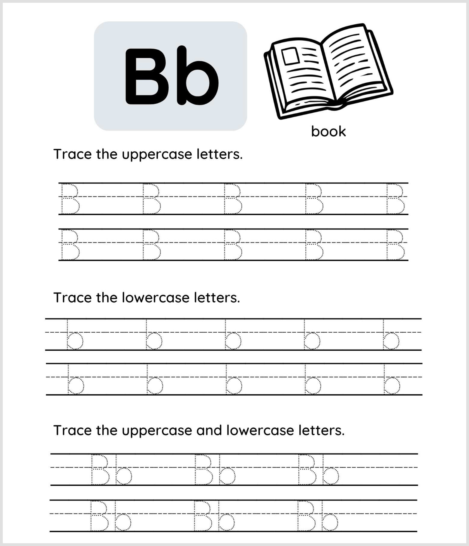 Letter B tracing worksheet featuring a large uppercase and lowercase B, a drawing of a book, and tracing lines for practicing writing uppercase B, lowercase b, and both together.