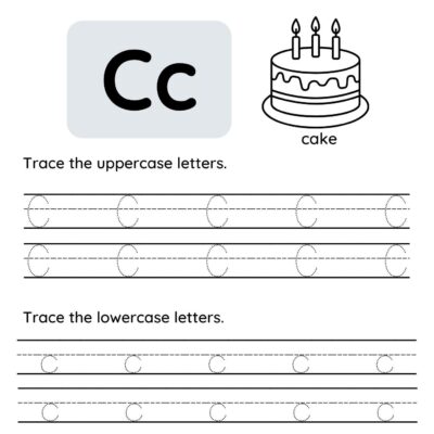 A free PDF Letter C tracing worksheet featuring uppercase and lowercase C, a picture of a cake, and traceable lines to help kids practice writing both uppercase and lowercase letters.