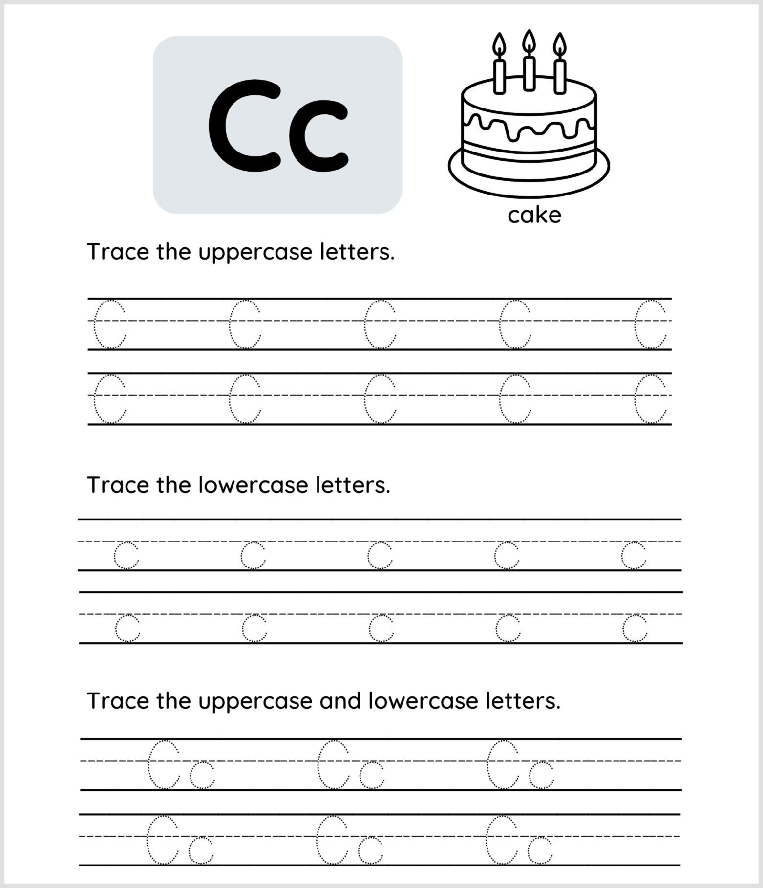 Letter C tracing worksheet featuring a large "Cc," a drawing of a cake, and practice lines for tracing uppercase, lowercase, and mixed C letters. Instructions guide students to trace each form.