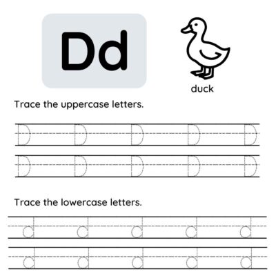 This Letter D tracing worksheet features uppercase and lowercase D, a duck illustration labeled "duck," and practice lines for tracing both uppercase and lowercase D.