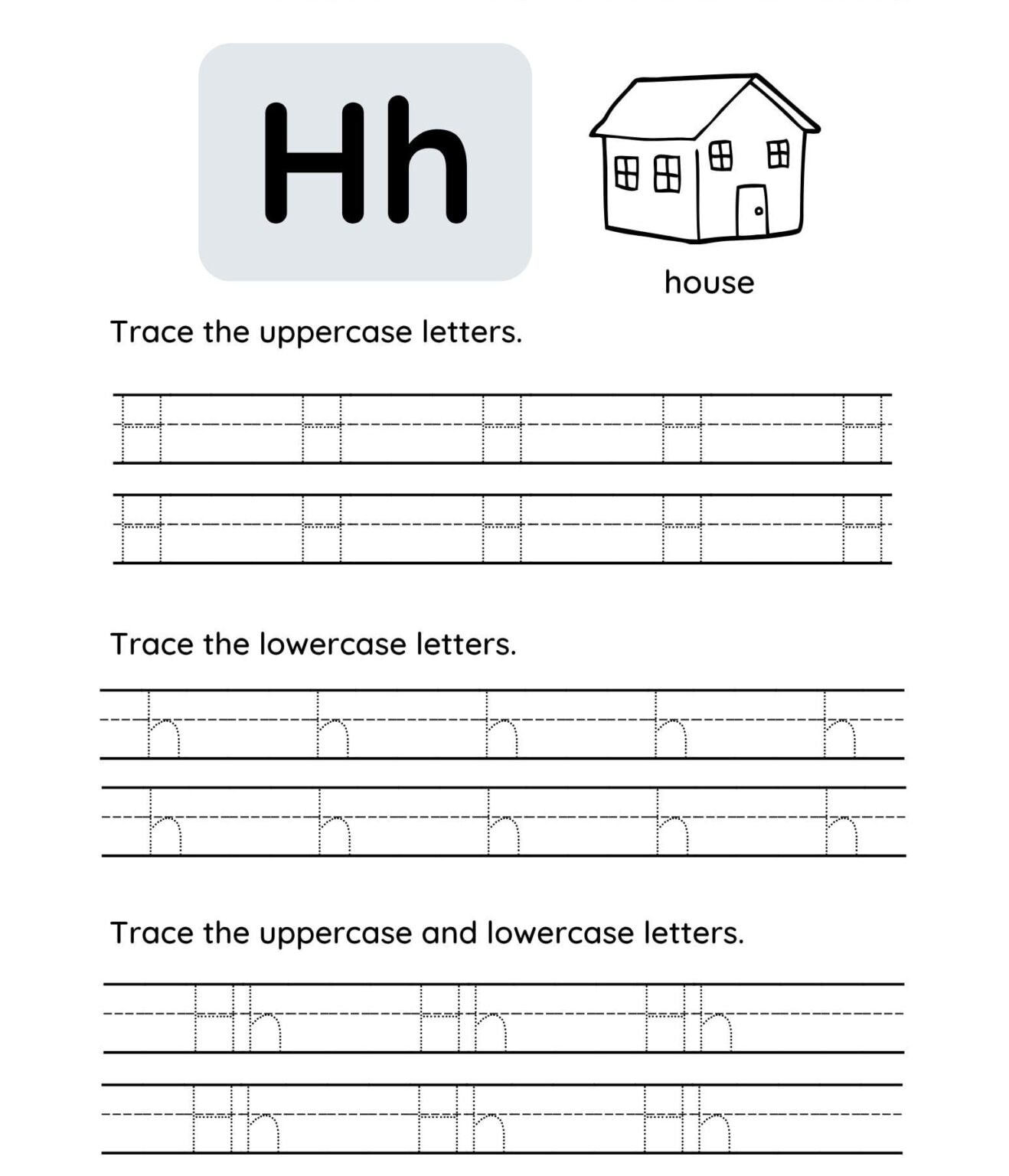 Free Letter H Tracing Worksheet – Uppercase & Lowercase PDF