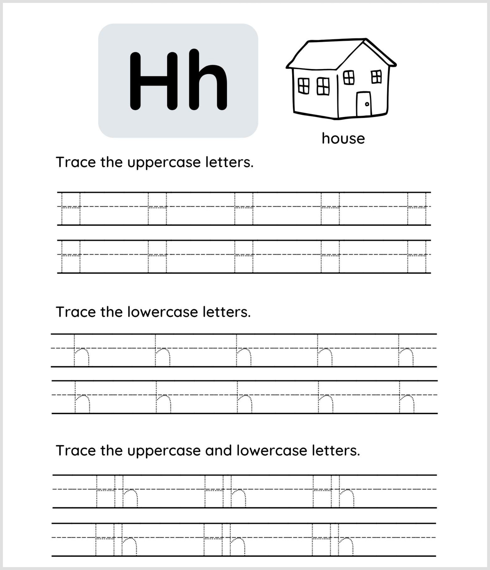 Tracing worksheet for the letter H, featuring uppercase and lowercase Hh, a drawing of a house, and letter h tracing working lines for practicing writing both uppercase and lowercase letters.