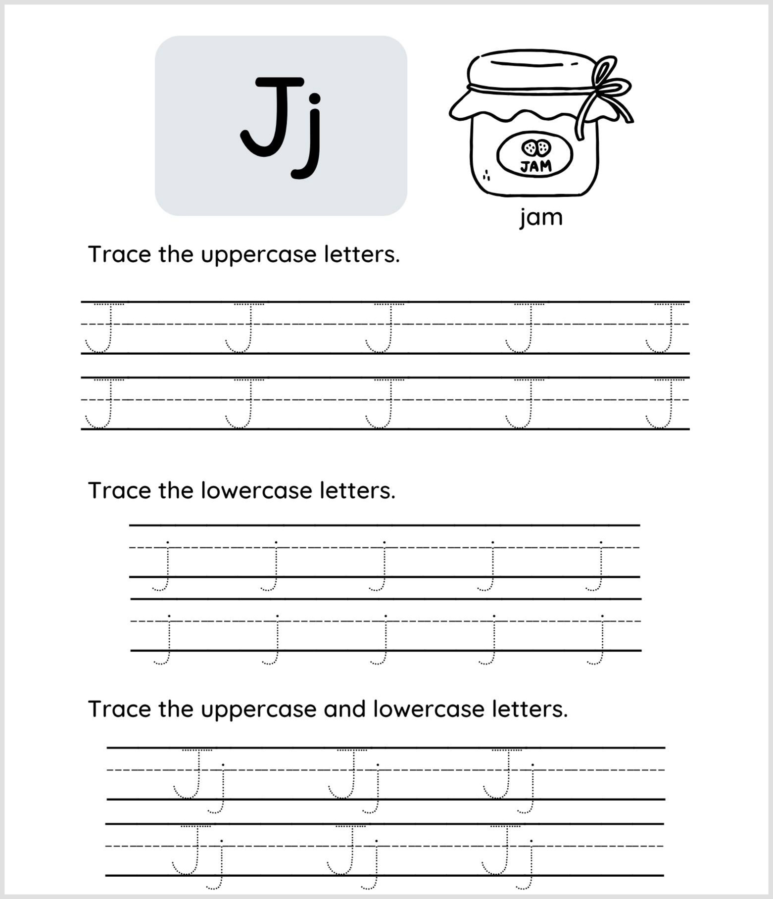 Letter J tracing worksheet featuring uppercase and lowercase "Jj," a jar of jam, and tracing lines to help kids practice writing both forms of the letter.