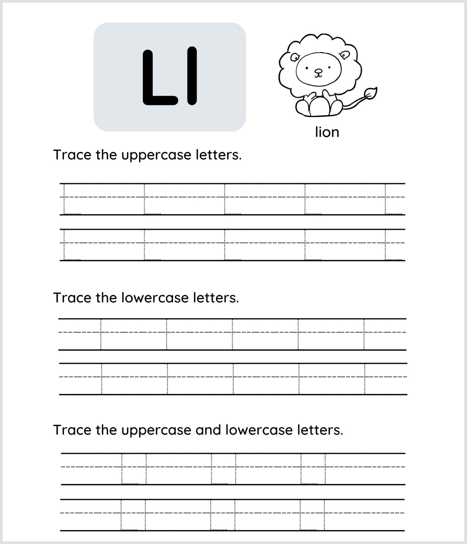 Worksheet showing the uppercase and lowercase letter L with tracing lines, an illustration of a lion, and instructions to trace both uppercase, lowercase, and combined letters.