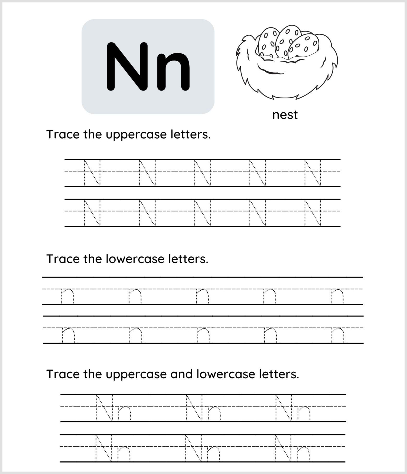 Letter N tracing worksheet featuring a large "Nn," a nest illustration labeled "nest," plus tracing lines for practicing uppercase, lowercase, and combined N and n handwriting.