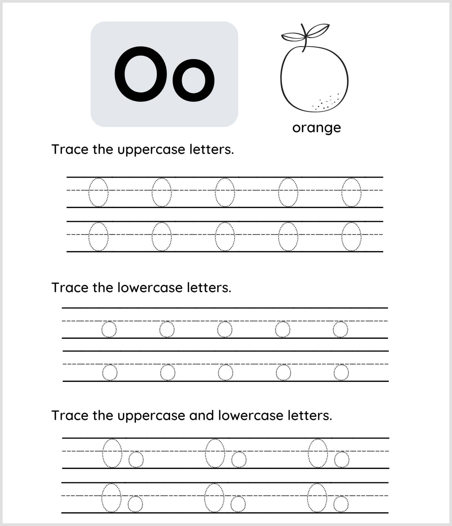 Worksheet for practicing the letter O featuring uppercase and lowercase "O," an illustration of an orange, and lines for tracing uppercase, lowercase, and combined O letters.