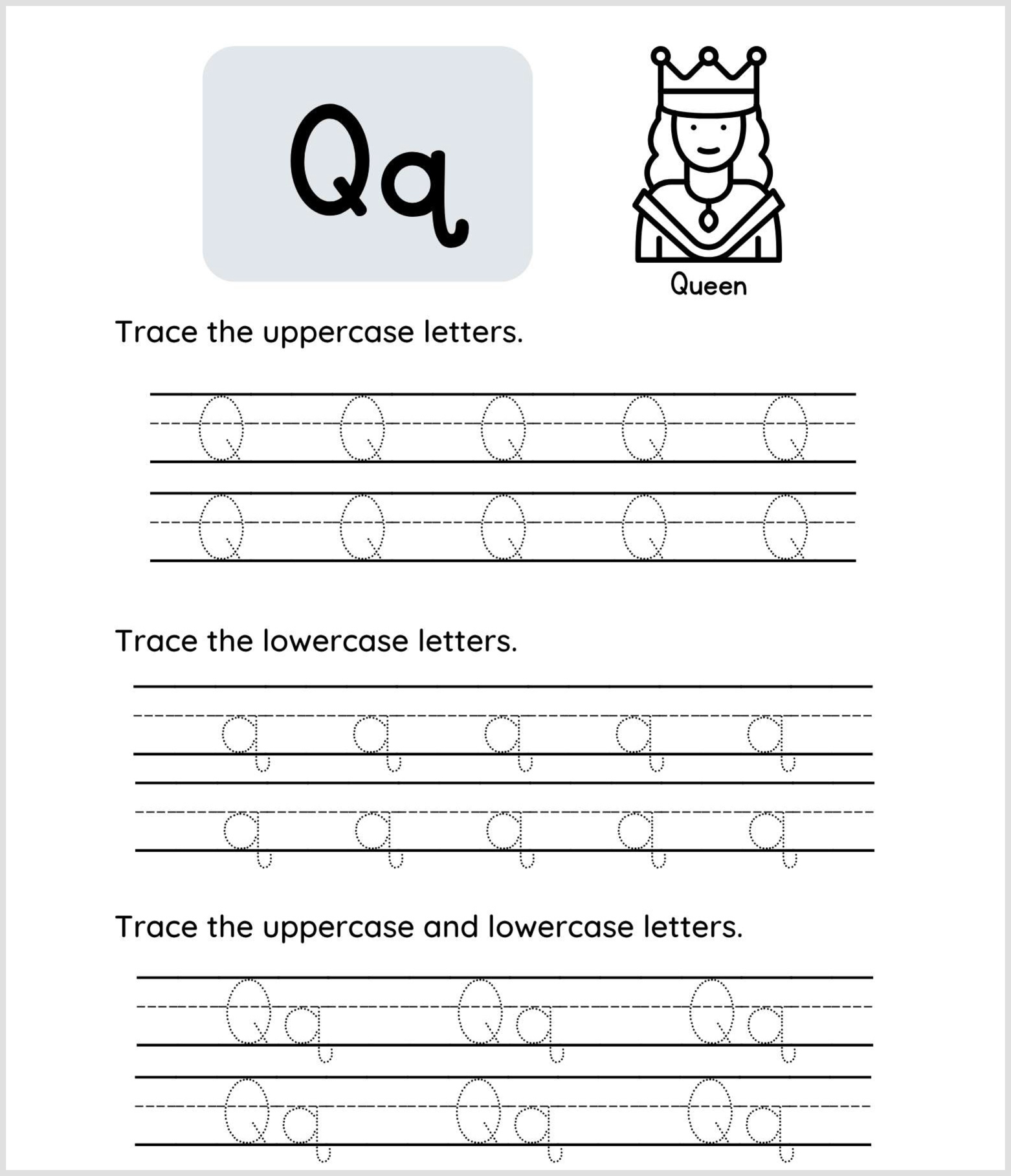 Tracing worksheet for the letter Q, showing uppercase and lowercase Qq, a queen illustration, and tracing lines for practicing writing Qq letters.