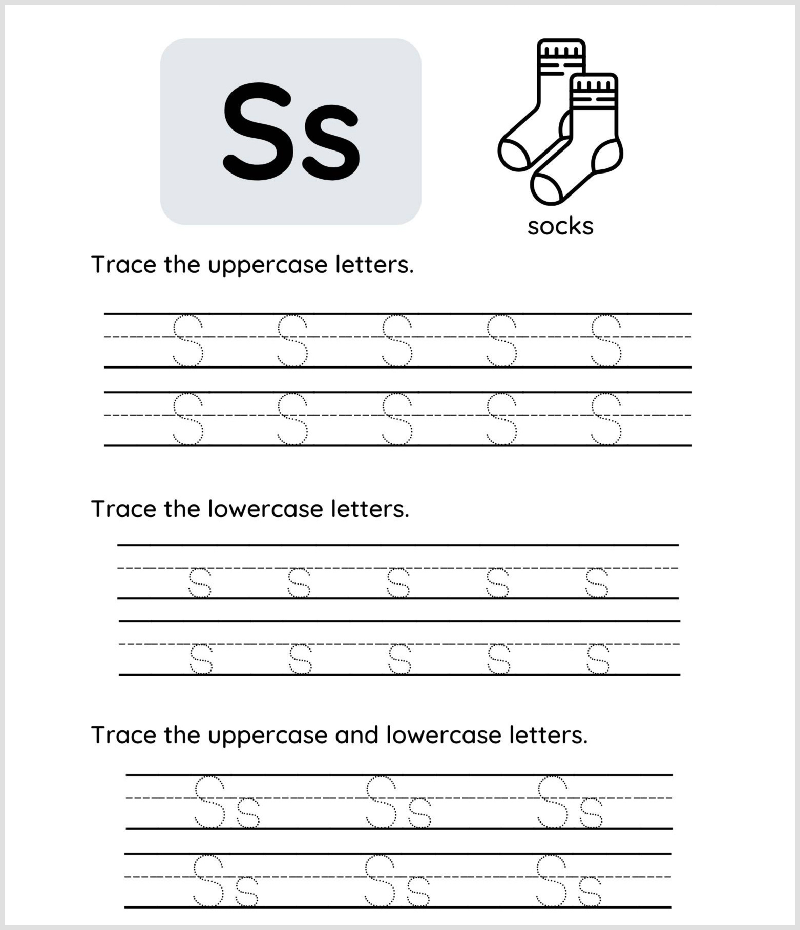 Tracing worksheet for the letter S. It shows uppercase and lowercase "S," an image of two socks, the word "socks," and lines for tracing both uppercase and lowercase letters.