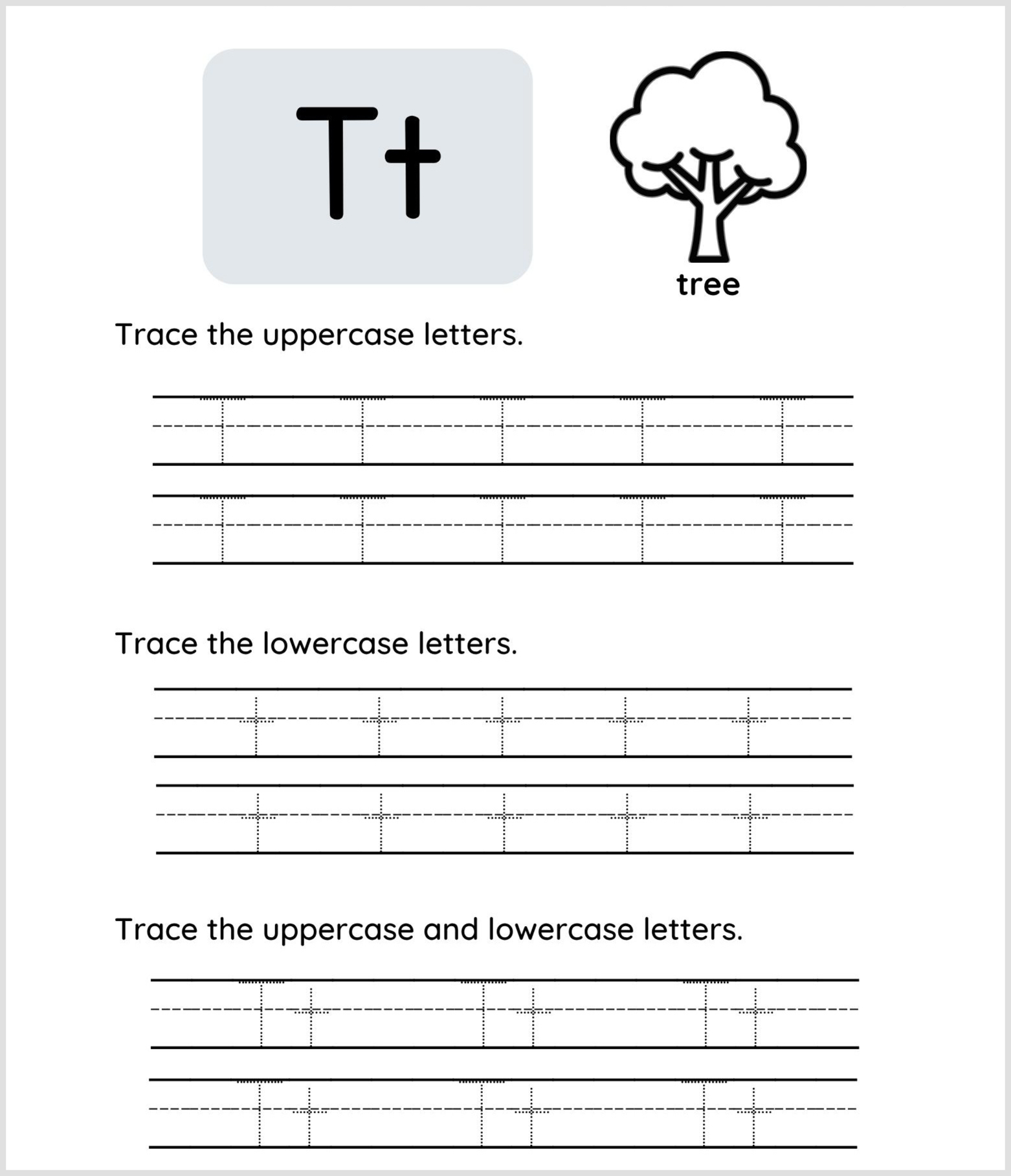 Tracing worksheet for the letter T showing uppercase and lowercase "Tt," a tree illustration labeled "tree," plus practice lines for tracing uppercase, lowercase, and both letters.