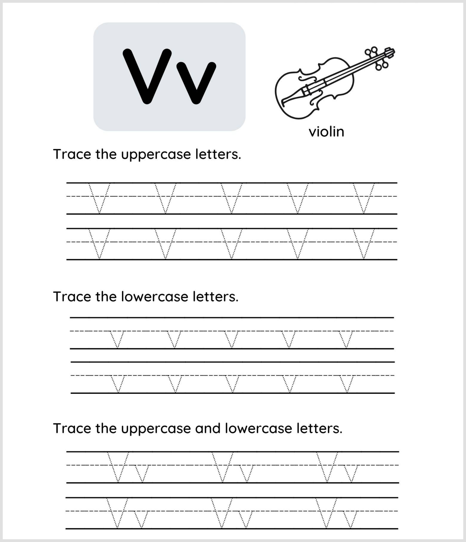 Tracing worksheet for learning how to write the letter V featuring a large uppercase and lowercase V, a drawing of a violin, and tracing lines for practicing V letters.