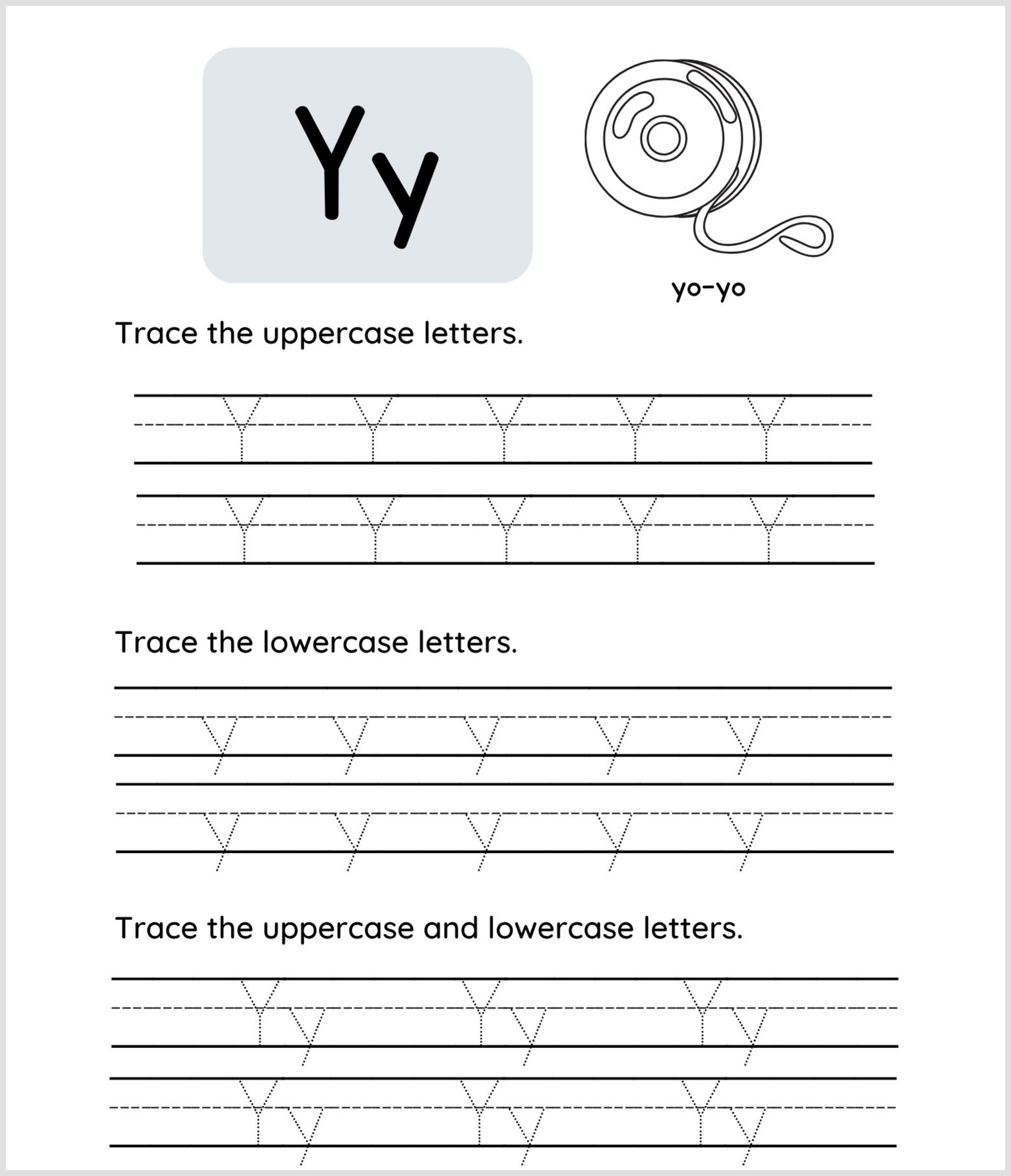 This Letter Y tracing worksheet features a large uppercase and lowercase Y, a yo-yo illustration, and three tracing sections for practicing uppercase Y, lowercase y, and both uppercase and lowercase Y/y.
