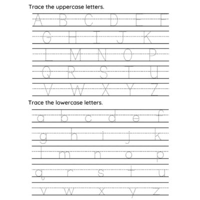 An alphabet tracing sheet with dotted uppercase and lowercase letters on lined paper, labeled "Trace the uppercase letters" and "Trace the lowercase letters," perfect for handwriting practice.