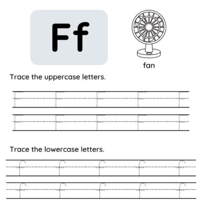 Image from a free PDF Letter F tracing worksheet featuring uppercase and lowercase "Ff," a fan illustration labeled "fan," and lines for tracing both uppercase and lowercase "F" letters.