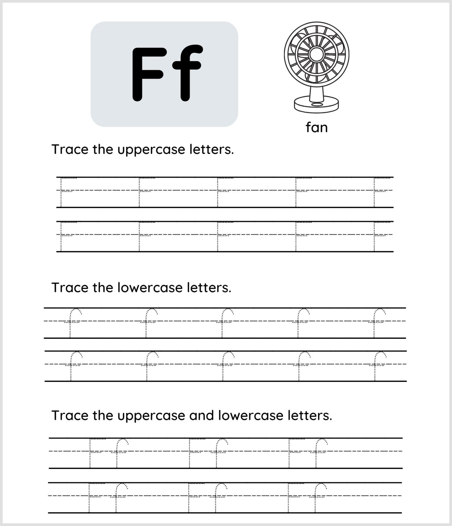 Black and white letter F tracing worksheet printable featuring a fan and both uppercase and lowercase Ff. Kids trace uppercase, lowercase, and combined F letters on handwriting lines for practice.