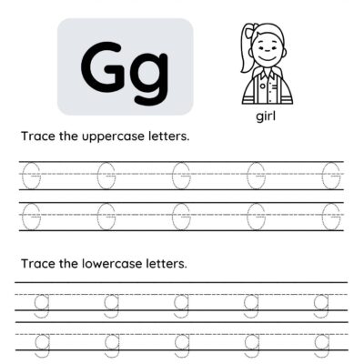 This uppercase lowercase tracing worksheet features letter G tracing with both uppercase and lowercase "Gg," an illustration of a girl, and traceable lines. Download this free PDF to help kids practice writing the letter G.