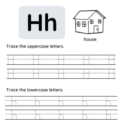 This letter h tracing worksheet features uppercase H and lowercase h, a drawing of a house, and tracing lines for both. The word "house" is labeled under the drawing—perfect for letter h tracing working practice!.